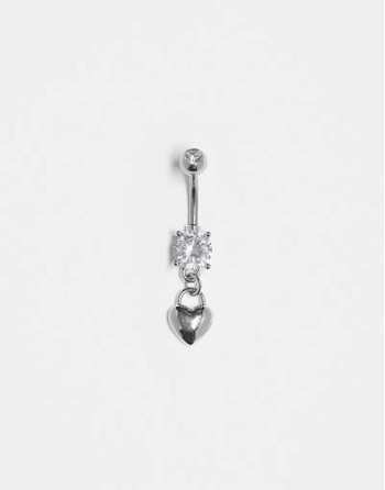 crystal belly bar with dangling heart in sterling silver