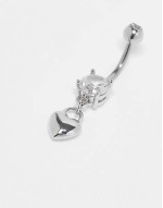 crystal belly bar with dangling heart in sterling silver