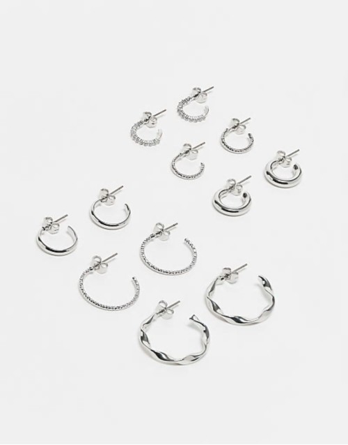 multi design hoop earring 6-pack in silver
