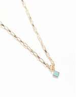 Curve necklace with open link tbar design with semi precious style square pendant in gold tone
