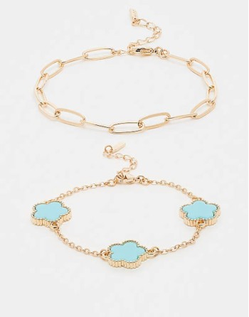 rhiladiaa pack of 2 clover charm bracelets in gold and turquoise