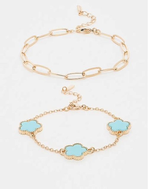 rhiladiaa pack of 2 clover charm bracelets in gold and turquoise