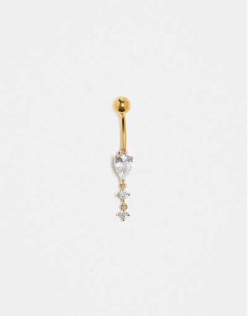 gemset teardrop belly bar in gold plated steel