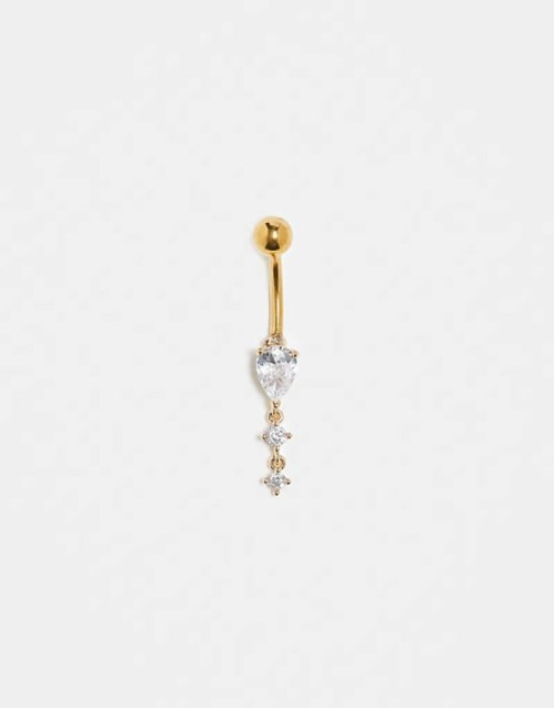 gemset teardrop belly bar in gold plated steel