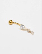 gemset teardrop belly bar in gold plated steel