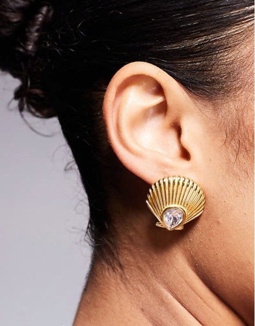 stainless steel diamante shell stud earrings in gold
