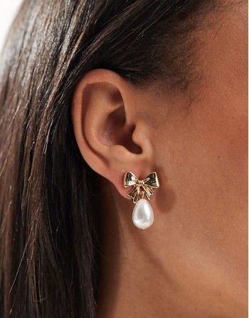 earrings with mini bow and faux pearl drop design on gold tone