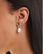 earrings with mini bow and faux pearl drop design on gold tone