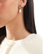 earrings with mini bow and faux pearl drop design on gold tone
