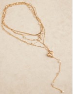 multirow necklace with pearl and heart detail in brushed gold tone